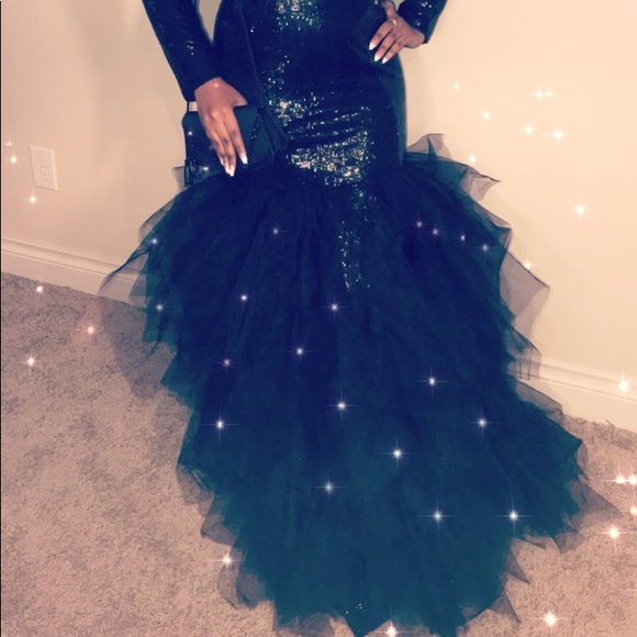 Sequins & Toulle Evening Gown -Black - Picture 4 of 7